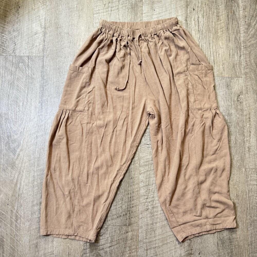 Tarse Women Barrel Pants S Beige Drawstring Waist High Rise Pocket Boho Beachy